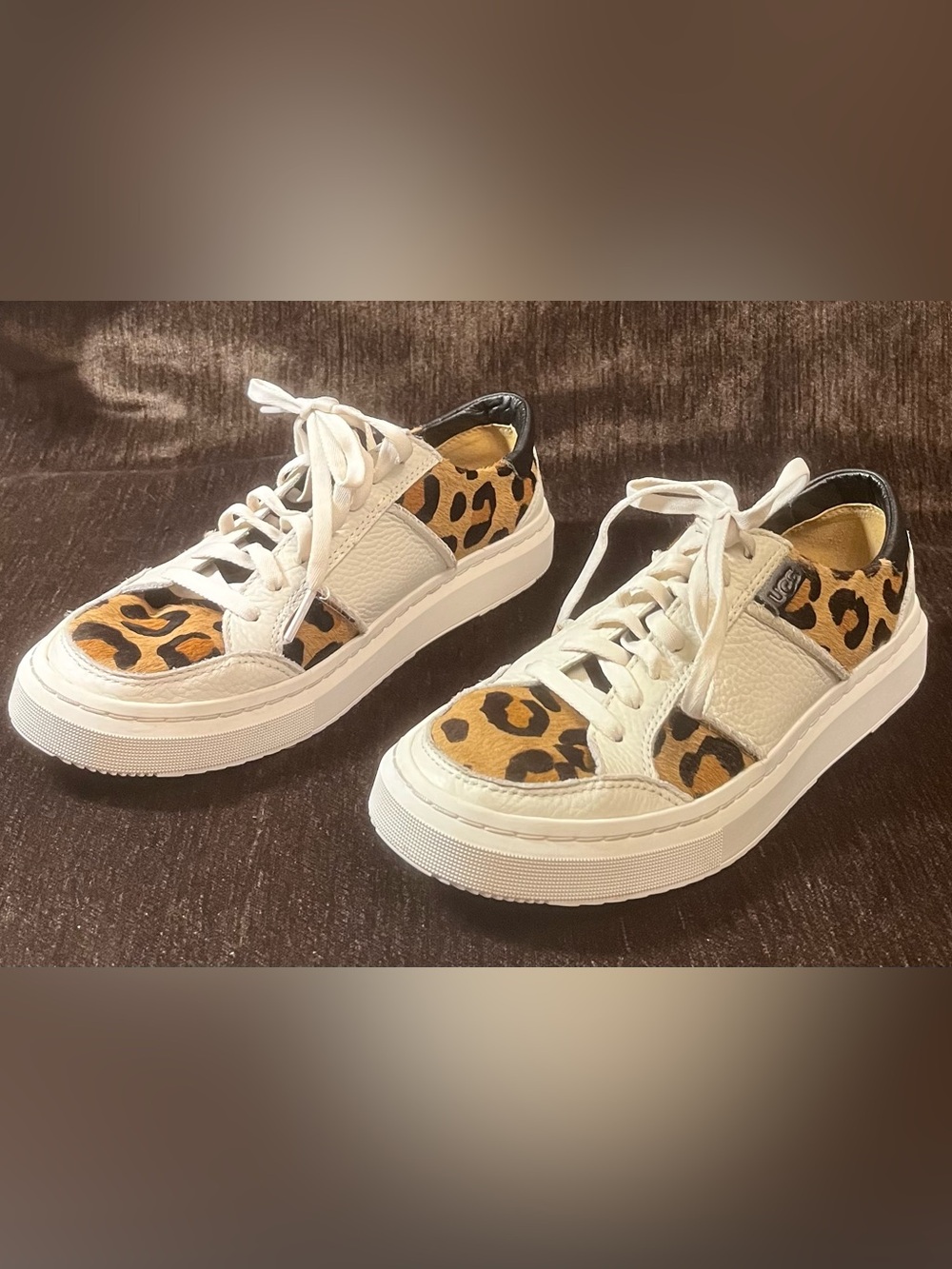 Ugg Women’s Alameda White Leather Sneakers with Leopard Accent